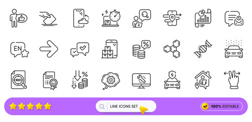 English, Approve and Gps line icons for web app. Pack of Like, Deflation, Next pictogram icons. Chemistry dna, New message, Delivery online signs. Cogwheel, Car wash, Work home. Search bar. Vector