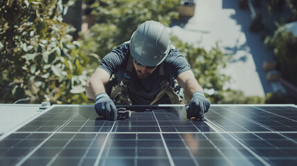Solar Panel Installation Technician Working On Rooftop