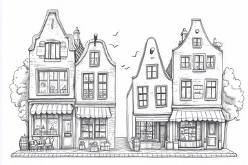 Obraz premium European houses. Cute Dutch buildings with shops, bookstore, cafe, coffee shop. Contour monochrome vector illustration, coloring for children in a hand-drawn childish style