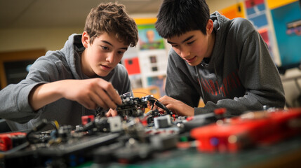 Teenagers Working on STEM Project with Robotics Kit