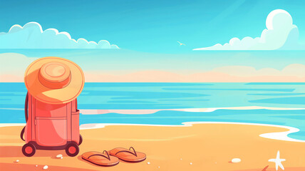 Naklejka premium Travel bag on wheels, sun hat and beach slippers on the beach. Summer, beach, sea and tourism. Vacation on the sunny coast. Illustration of beach holiday. Tourist bag