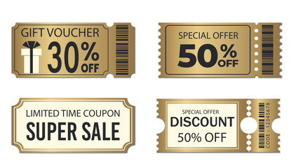 Gold Coupon promotion vector set. Ticket, Voucher, Discount Sale Coupon. Gift voucher 30 50 off price. Percentage Tag label. Discount online purchases. Golden ticket isolated on transparent background