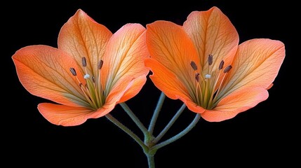 Obraz premium Two orange lilies with green stems on a black background.