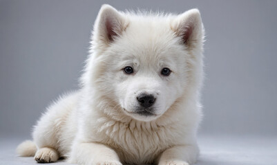 Fototapeta premium A white Samoyed puppy looks up with big, brown eyes against a gray background