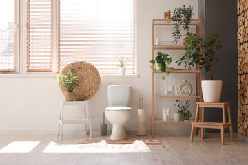 Interior of restroom with toilet bowl, shelf unit and plants