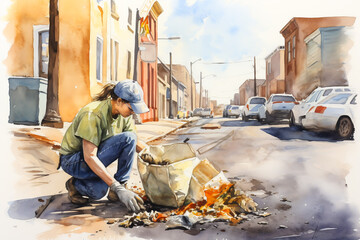 A street worker in a cap and gloves cleans debris from a city sidewalk on a sunny day, promoting urban cleanliness.