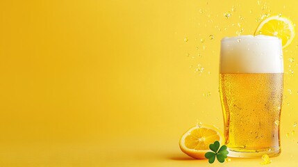 A glass of beer with a lemon slice and droplets of water on a yellow background