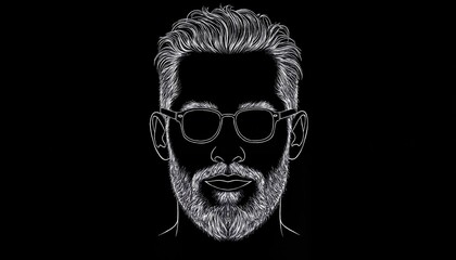 Fototapeta premium Minimalist Line Art Portrait of Bearded Man with Sunglasses on Black Background
