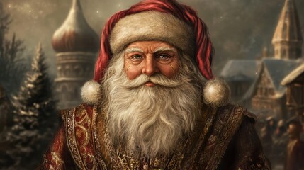 Classic Santa in snowy village