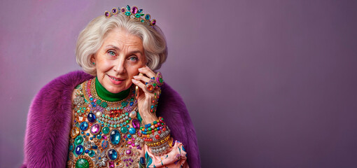 older lady, funny talking on the phone, wearing colorful clothes.