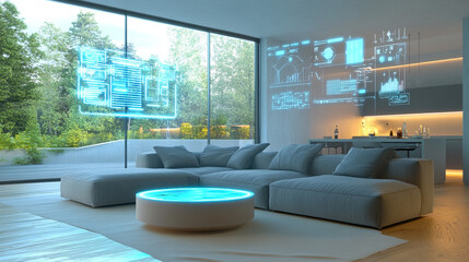 Modern Living Room with Futuristic Smart Home Technology and Interface