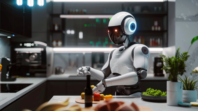 A robotic assistant is preparing food in a sleek, modern kitchen, emphasizing how technology supports daily activities with natural light