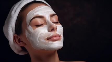 A woman has a towel on her head and a facial mask on her face