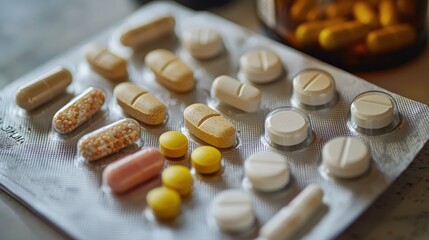 Variety of multicolored tablets and capsules organized on a blister pack table