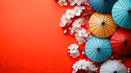 Colorful Umbrellas on red Background 