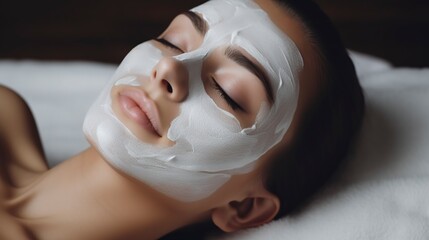 A woman is reclined on a surface wearing a white mask on her face
