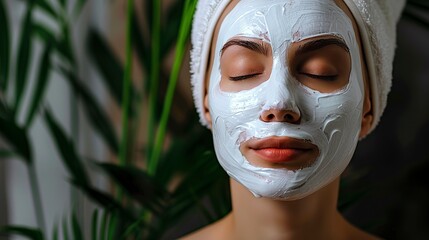 A woman in a towel has a white mask concealing her face