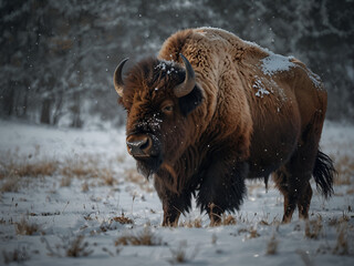Massive bison standing majestically in the snow, realistic coat textures