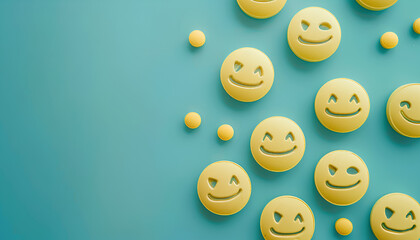 Fototapeta premium Sad and happy emoticons made of antidepressants on blue background, flat lay