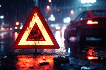 A vivid scene shows a traffic emergency warning sign on a slick, wet road during a heavy rainstorm at night, enhanced by bright city lights in the distance creating a striking contrast