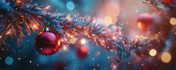 tree branch with red ornament and warm glowing lights.
