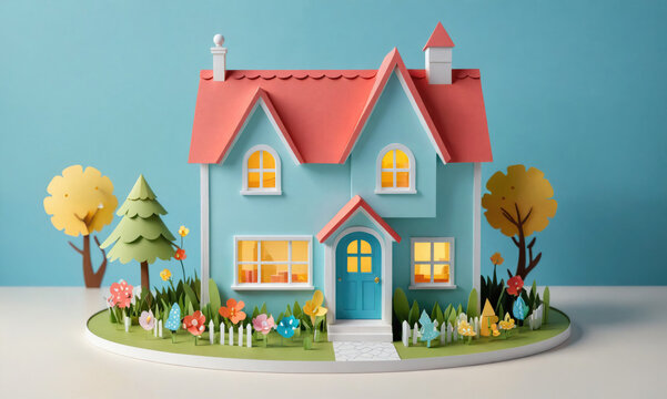 A papercraft house with a blue exterior, red roof, and a small yard with colorful flowers and trees sits on a table against a blue background