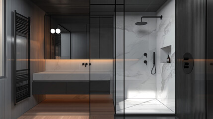 Modern Bathroom Interior Design with Marble Shower  Black Accents  and Minimalist Vanity