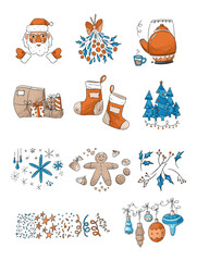 Cute Christmas illustration set of ornaments and decorations, glowes, tree, snowflakes for designing greeting cards, labels, seasonal stickers, and holiday,  illustration isolated on white background