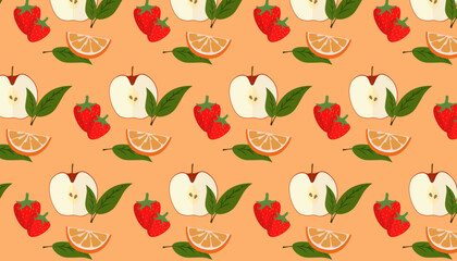 seamless background with fruits, strawberry apple and orange, leaves, vector