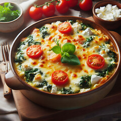 H&uuml;ttenk&auml;seauflauf mit Spinat, tomaten, basilikum