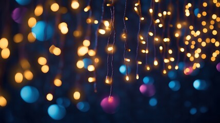 Colorful Hanging Light Bulbs Emanating Warm Glow Against a Blurred Background with Bokeh Effects