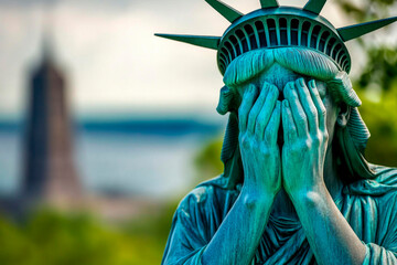 Statue of Liberty with her hands on her face crying