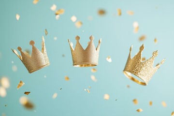 three simple golden crowns floating in the air, pastel blue background, flying golden confetti, epiphany, three kings