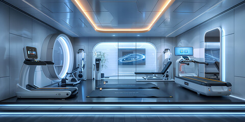 Obraz premium Futuristic home gym with modern equipment; High-tech fitness room interior design