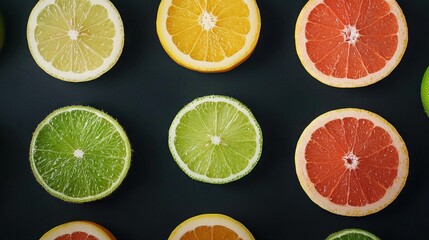 Fototapeta premium Orange and lime slices arranged on a dark background