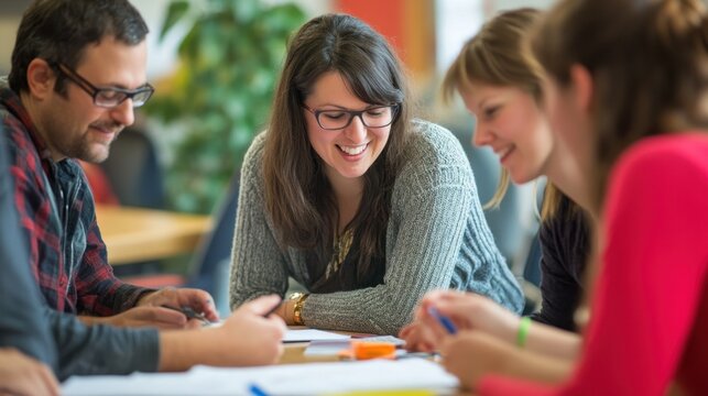 Group of young adults collaborating on a project in a bright office environment.