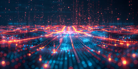 Obraz premium Abstract digital network with glowing data nodes; Futuristic big data visualization with neon lights