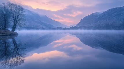 Obraz premium Tranquil morning light over a serene lake surrounded by mountains and trees