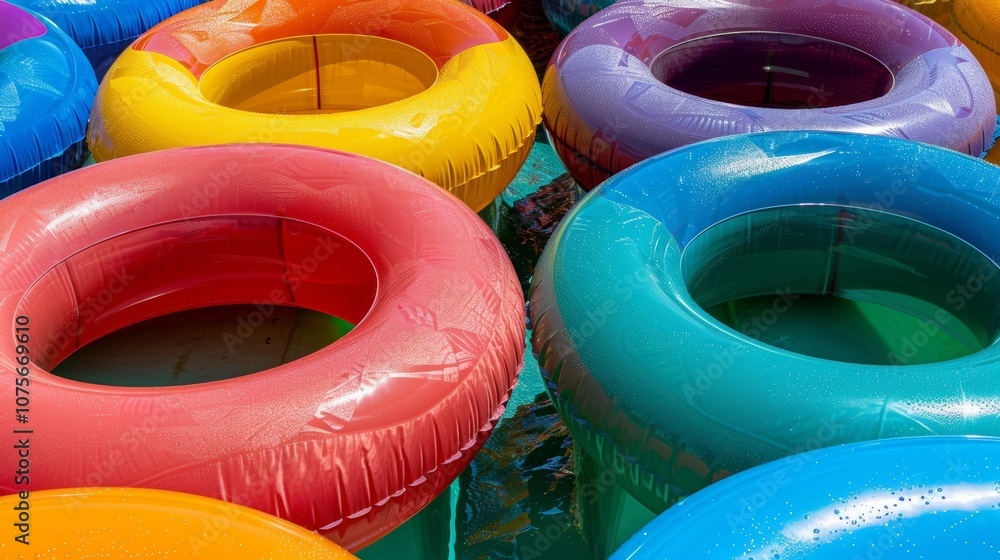 Poster the vibrant colors and patterns of a group of inner tubes at the bottom of a slide.