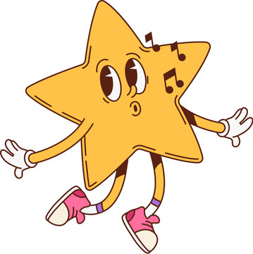 Naklejki Groovy star geometric figure character. Preschool kids education basic shape cute cartoon retro character, kindergarten child learn whistling and dancing star figure cheerful groovy vector personage