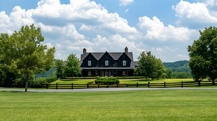 Obraz premium Luxury Black Modern Farmhouse in Tennessee with Panoramic Views of Rolling Hills and Contemporary Rustic Design