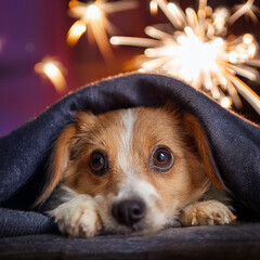 A frightened dog hiding under blankets, scared of fireworks
