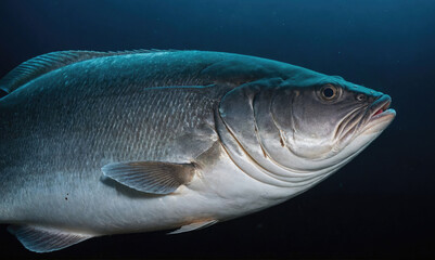 A large, silver fish swims through clear blue water