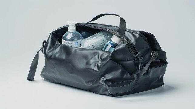 An emergency kit bag spills out essential items including water bottles, bandages, and a flashlight on a clean white surface