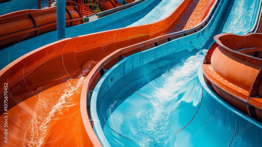 Poster the intricate details on a massive water slide with twists and turns visible.