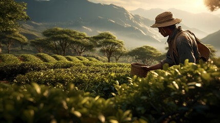 A photo of a tea harvester picking tea leaves.