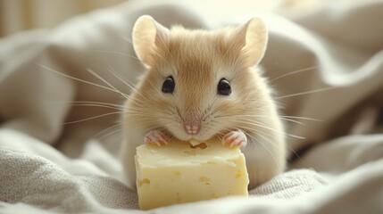 Fototapeta premium Cute mouse enjoying a piece of cheese on a soft blanket in a cozy setting