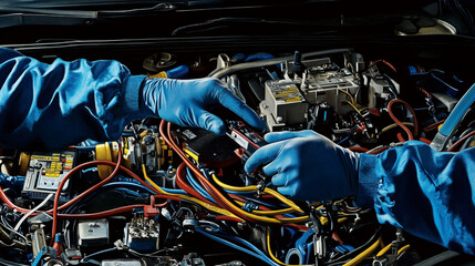 Mechanic Working on Car Engine with Wires and Cables