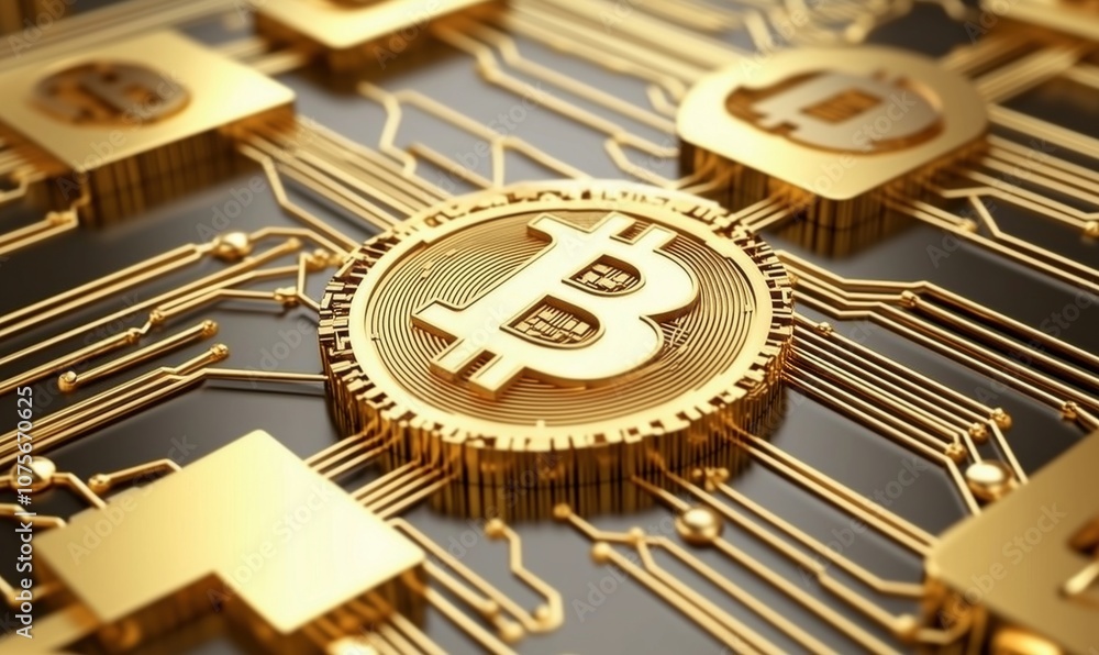 Poster bitcoin cryptocurrency symbol surrounded by circuit patterns and icons