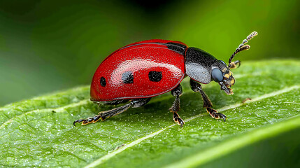 Fototapeta premium close up of ladybug on green leaf, showcasing its vibrant red body and distinctive black spots. intricate details highlight beauty of nature